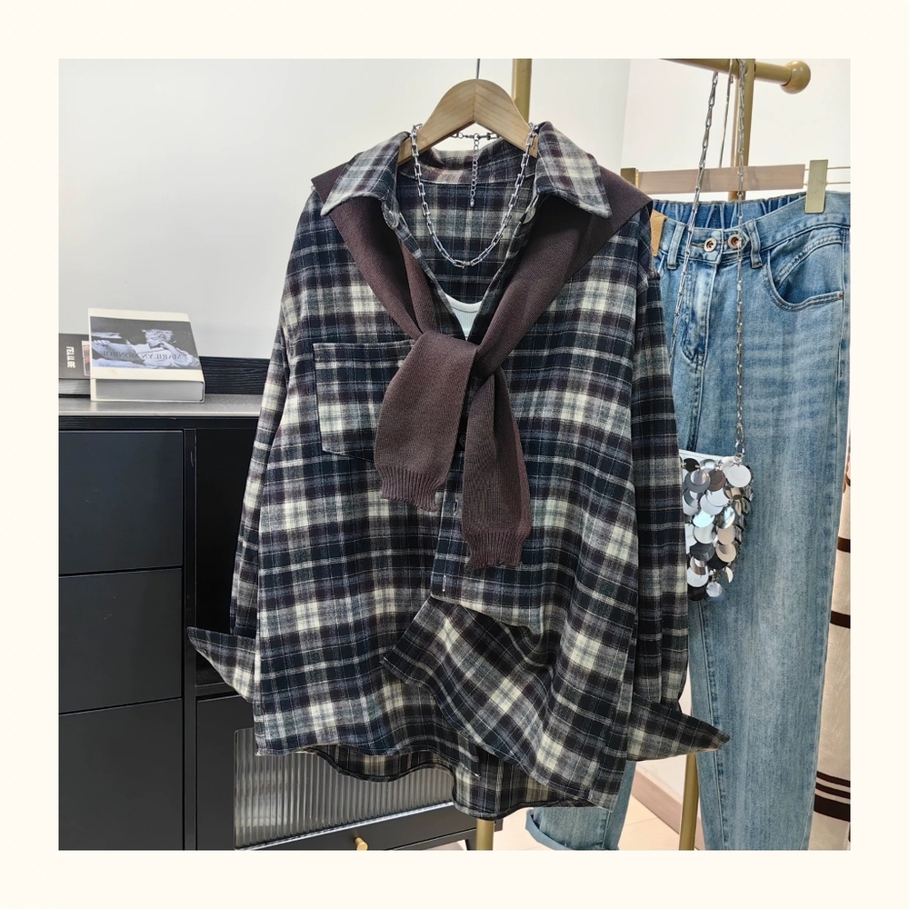 Brown Plaid Detachable Scarf Shirt